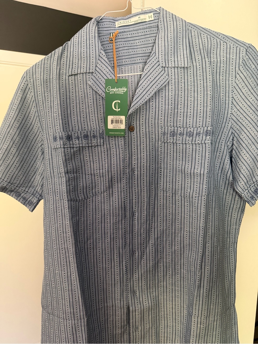 Criquet Blue Short-Sleeve Button-Down with Vertical Stripe
